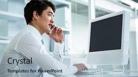  Presentation with telephone pole - Colorful PPT layouts enhanced with baby touching mobile screen - asian businessman talking backdrop and a light blue colored foreground