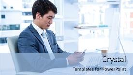  Presentation with asian ghosts - Presentation design consisting of baby touching mobile screen - asian businessman using his phone background and a light blue colored foreground