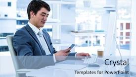  Presentation with asian war - Colorful presentation theme enhanced with baby touching mobile screen - asian businessman using his phone backdrop and a light blue colored foreground