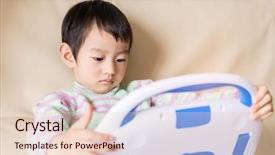  Presentation with story - PPT theme featuring baby touching mobile screen - asian little girl watching background and a lemonade colored foreground