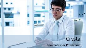  Presentation with asian fitness elderly - Presentation design having baby touching mobile screen - focused asian businessman using his background and a light blue colored foreground