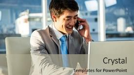  Presentation with phone - Presentation theme consisting of baby touching mobile screen - smiling asian businessman talking background and a light gray colored foreground