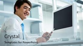  Presentation with telephone - Audience pleasing PPT theme consisting of baby touching mobile screen - smiling asian businessman using his backdrop and a light blue colored foreground