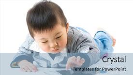  Presentation with digital pedagogy - Slide set with baby touching screen - asian little boy using digital background and a light blue colored foreground