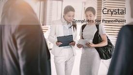  Presentation with crucial conversation - Beautiful presentation theme featuring baby touching screen - businesswomen having conversation while standing backdrop and a  colored foreground