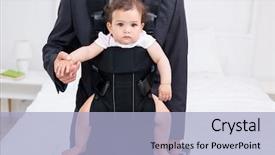  Presentation with baby - Slide deck having babycarrier - midsection of father carrying baby background and a light blue colored foreground