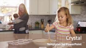  Presentation with baby girl christening - Slides consisting of babycarrier - young girl prepares cake mix background and a coral colored foreground