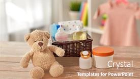 Presentation with baby bear - Colorful presentation design enhanced with babyhood-and-care-products-concept backdrop and a coral colored foreground