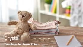  Presentation with baby bear - PPT theme featuring babyhood-and-clothing-concept-baby background and a coral colored foreground