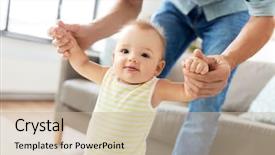  Presentation with family - Audience pleasing PPT theme consisting of family toddling and babyhood concept backdrop and a soft green colored foreground