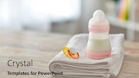  Presentation with baby bottle formula - PPT theme featuring babyhood-concept-bottle-with-baby background and a mint green colored foreground