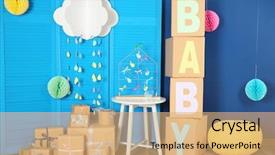  Presentation with baby shower gifts - Amazing slide deck having babyshower - composition with baby shower decorations backdrop and a coral colored foreground