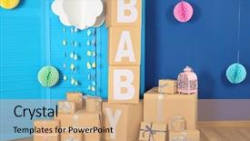  Presentation with baby shower gifts - Theme with babyshower - composition with baby shower decorations background and a coral colored foreground