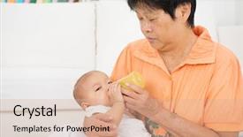  Presentation with home care - PPT layouts consisting of babysitter taking care baby background and a coral colored foreground