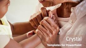  Presentation with hands holding - Presentation design with babysitting - close up of grandmother holding background and a coral colored foreground