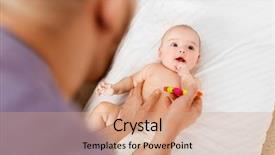  Presentation with baby toy - PPT theme enhanced with babysitting - family parenthood and teething concept background and a coral colored foreground