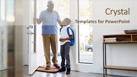  Presentation with grandfather - Colorful presentation theme enhanced with babysitting - grandfather collecting and bringing grandson backdrop and a sky blue colored foreground