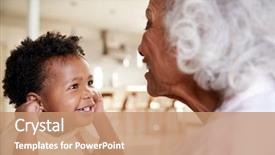  Presentation with baby sitting - Amazing presentation design having babysitting - grandmother sitting on sofa backdrop and a coral colored foreground