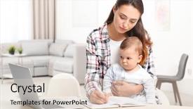  Presentation with working mother - Colorful slide deck enhanced with babysitting - young mother holding baby while backdrop and a lemonade colored foreground