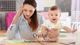  Presentation with working mother - PPT theme enhanced with babysitting - young mother holding baby while background and a coral colored foreground