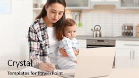  Presentation with working mother - Audience pleasing slides consisting of babysitting - young mother holding baby while backdrop and a lemonade colored foreground
