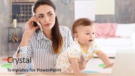  Presentation with working mother - Presentation theme enhanced with babysitting - young mother holding baby while background and a lemonade colored foreground