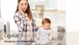  Presentation with home office - Slide deck consisting of babysitting - young woman with baby working background and a  colored foreground