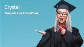  Presentation with finger - Slides enhanced with bachelor - young blonde woman wearing graduate background and a teal colored foreground