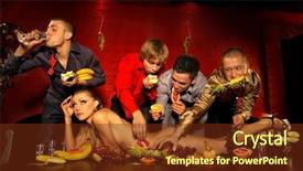  Presentation with fun - PPT theme enhanced with four guys having fun with woman decorated by fruits background and a tawny brown colored foreground
