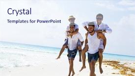  Presentation with four wheeler - Beautiful slide set featuring four male friends at the beach backdrop and a sky blue colored foreground