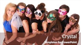  Presentation with pantomime theater masks - PPT layouts enhanced with bachelorette party - portrait of seven girlfriends background and a tawny brown colored foreground