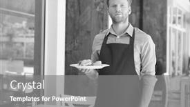  Presentation with restaurant waiter - Amazing PPT theme having back and white photo of portrait of young waiter serving lunch at restaurant backdrop and a gray colored foreground