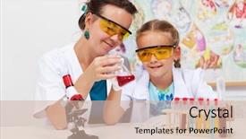  Presentation with elementary school - Audience pleasing slides consisting of back basics - teacher showing basic chemistry experiment backdrop and a soft green colored foreground