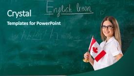  Presentation with language english - Presentation theme enhanced with back basics - young female english language teacher background and a ocean colored foreground