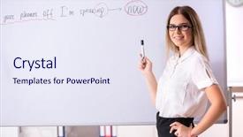  Presentation with english teacher - PPT theme enhanced with back basics - young female english language teacher background and a sky blue colored foreground