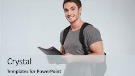  Presentation with student - PPT layouts featuring back college - smiling male student standing background and a sky blue colored foreground