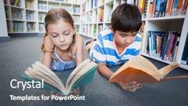  Presentation with kids reading book - Slide deck consisting of back half - school kids lying on floor background and a dark gray colored foreground