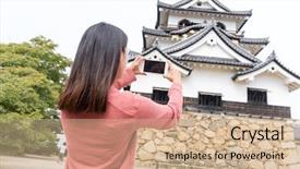  Presentation with japan castle - Slide set with back history - woman taking photo on hikone background and a coral colored foreground