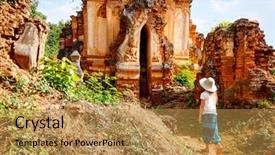  Presentation with group of three young girl - Slide set with back history - young girl visiting hundrets background and a gold colored foreground