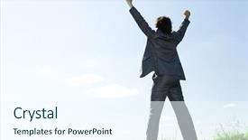  Presentation with businessman standing on mountain top - Colorful presentation enhanced with back of happy businessman standing with raised arms on green grass on the background of azure sky backdrop and a sky blue colored foreground