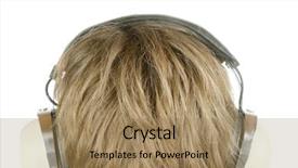  Presentation with person listening - Audience pleasing slide set consisting of back of the top of a person head who is listening to music with large retro earphones isolated on white with clipping path backdrop and a coral colored foreground