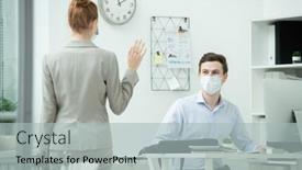  Presentation with front desk - Presentation design consisting of back-of-young-elegant-businesswoman background and a light gray colored foreground