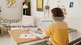  Presentation with home documents - Presentation design enhanced with back-of-young-female-employee background and a mint green colored foreground