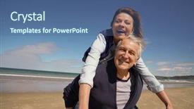  Presentation with man riding big bike motor - Beautiful slide deck featuring back old days - senior man giving piggyback ride backdrop and a ocean colored foreground