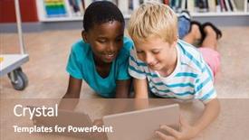  Presentation with digital library - Colorful slide deck enhanced with back school elementary reading - kids lying on floor using backdrop and a coral colored foreground