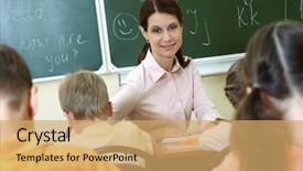  Presentation with smart relay - PPT theme consisting of back school elementary reading - portrait of smart teacher background and a yellow colored foreground