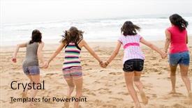  Presentation with girl running on the beach clouds - Colorful PPT theme enhanced with back school free - teen girl running towards sea backdrop and a coral colored foreground
