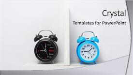  Presentation with alarm - Colorful presentation design enhanced with back school night - alarm clock at wooden shelf backdrop and a white colored foreground