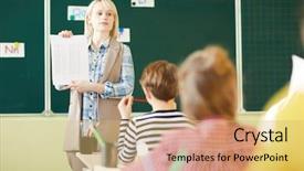  Presentation with teacher negotiations - Colorful PPT layouts enhanced with back school teachers - confident young teacher showing paper backdrop and a yellow colored foreground