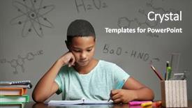  Presentation with education complex math formulas - Slide deck consisting of back school teenagers - afro-american boy studying at table background and a gray colored foreground